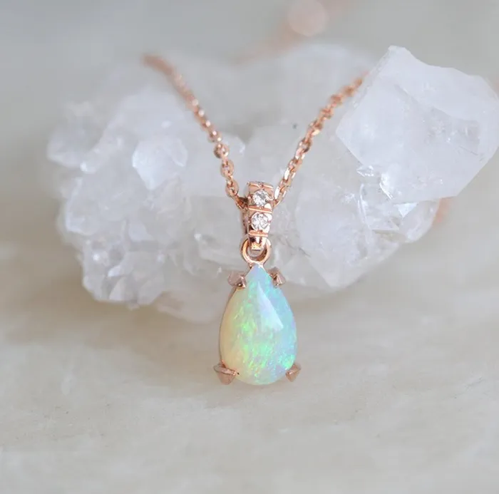 Capucinne Pear Fire Opal Gold Necklace With Pave Diamonds Necklaces