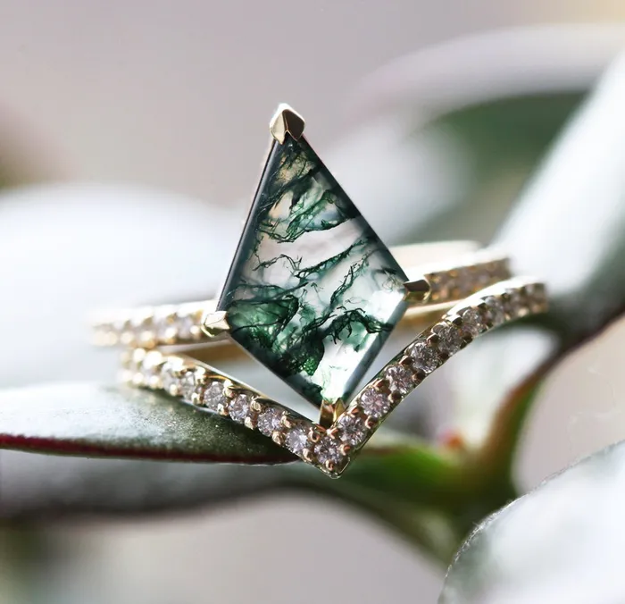 Capucinne Rings Anna Moss Agate and Diamond Kite Ring Set