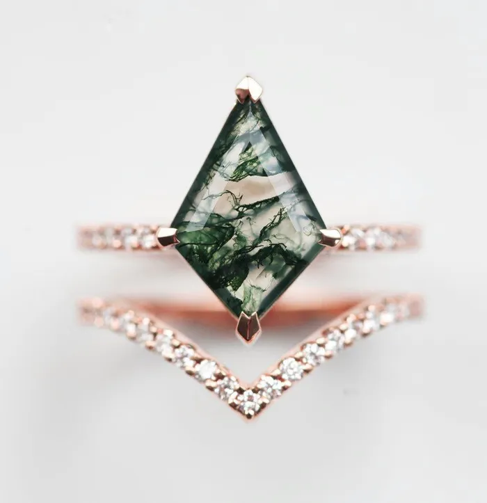 Capucinne Rings Anna Moss Agate and Diamond Kite Ring Set