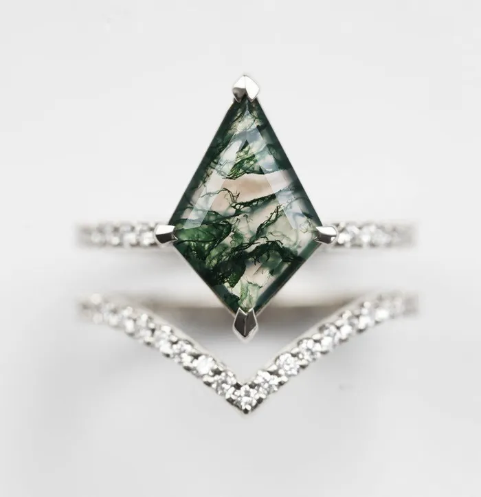 Capucinne Rings Anna Moss Agate and Diamond Kite Ring Set