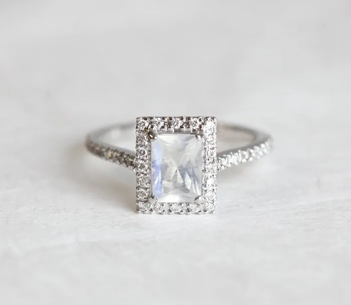 capucinne Rings Moonstone Engagement Ring 09 Carat with Full Diamond Halo