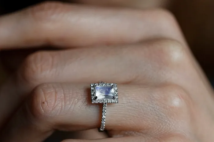 capucinne Rings Moonstone Engagement Ring 09 Carat with Full Diamond Halo