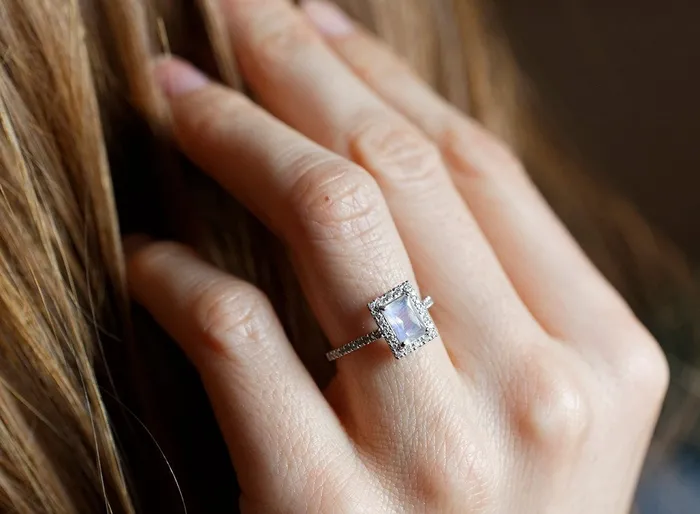 capucinne Rings Moonstone Engagement Ring 09 Carat with Full Diamond Halo