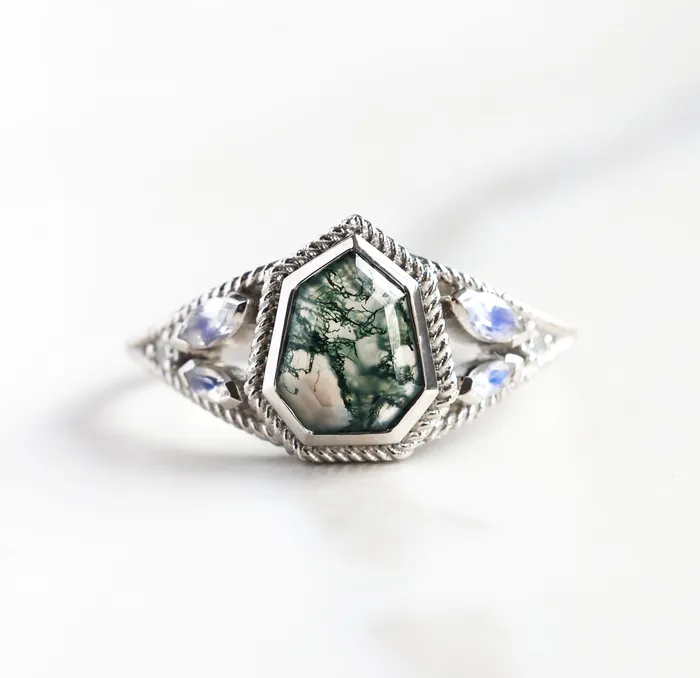Capucinne Rings Moss Agate Engagement Ring With Moonstones