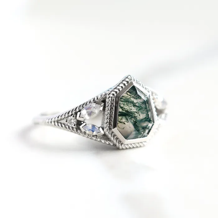 Capucinne Rings Moss Agate Engagement Ring With Moonstones