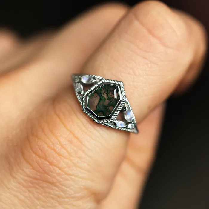 Capucinne Rings Moss Agate Engagement Ring With Moonstones