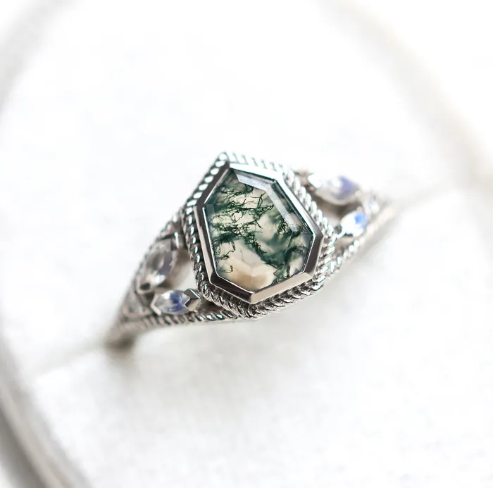 Capucinne Rings Moss Agate Engagement Ring With Moonstones