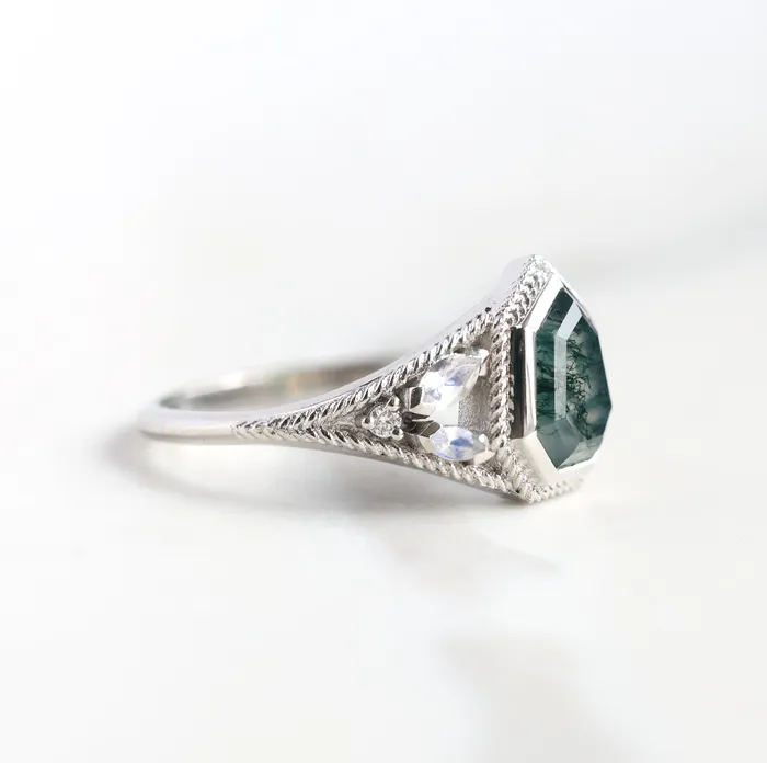 Capucinne Rings Moss Agate Engagement Ring With Moonstones