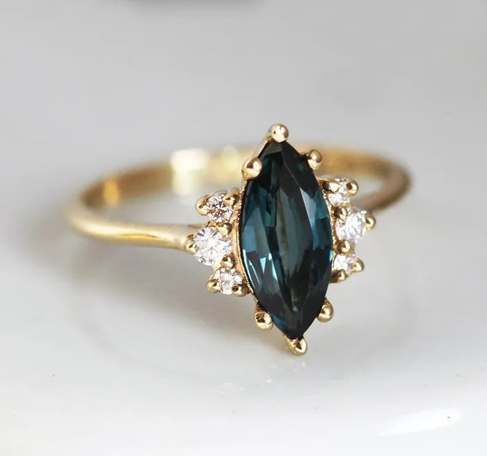 Capucinne Rings Naomi Deep Teal Sapphire Diamond Ring