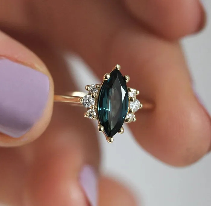 Capucinne Rings Naomi Deep Teal Sapphire Diamond Ring