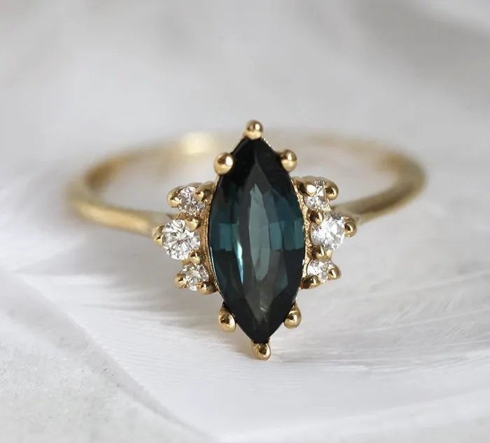 Capucinne Rings Naomi Deep Teal Sapphire Diamond Ring