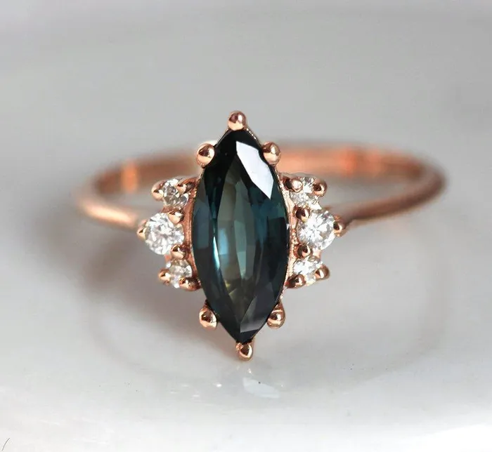 Capucinne Rings Naomi Deep Teal Sapphire Diamond Ring