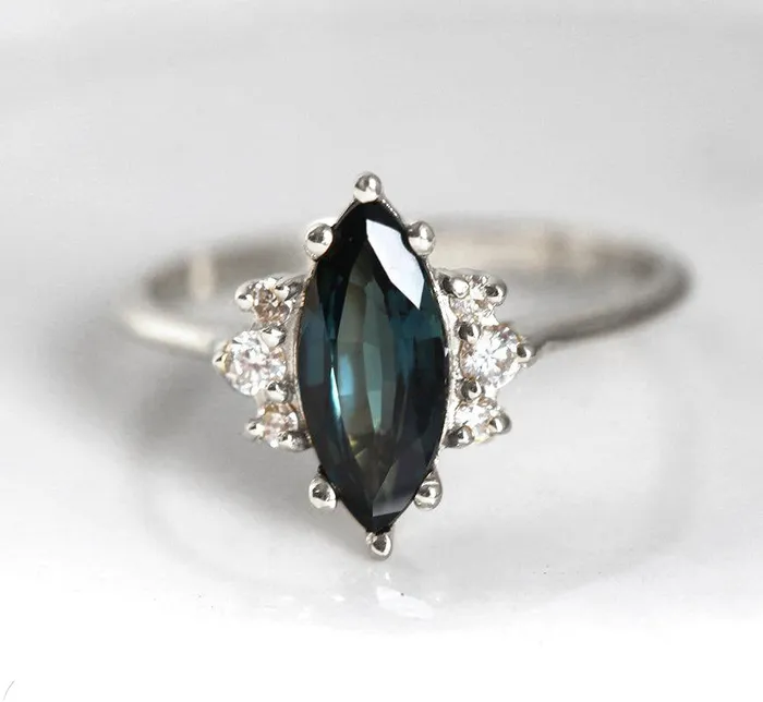 Capucinne Rings Naomi Deep Teal Sapphire Diamond Ring
