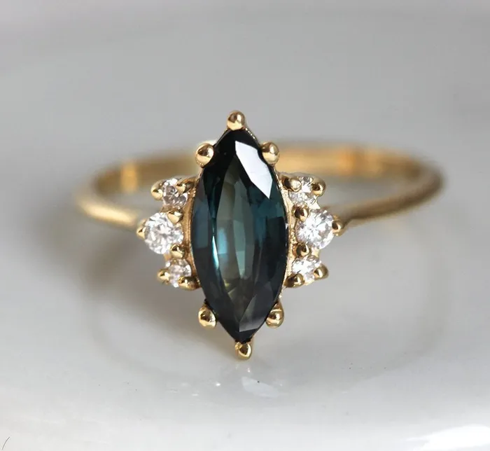 Capucinne Rings Naomi Deep Teal Sapphire Diamond Ring
