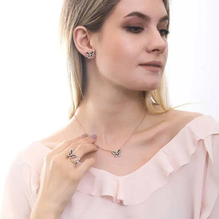 Earrings BERRICLE Butterfly Enamel CZ Set in Rose Gold Flashed Sterling Silver