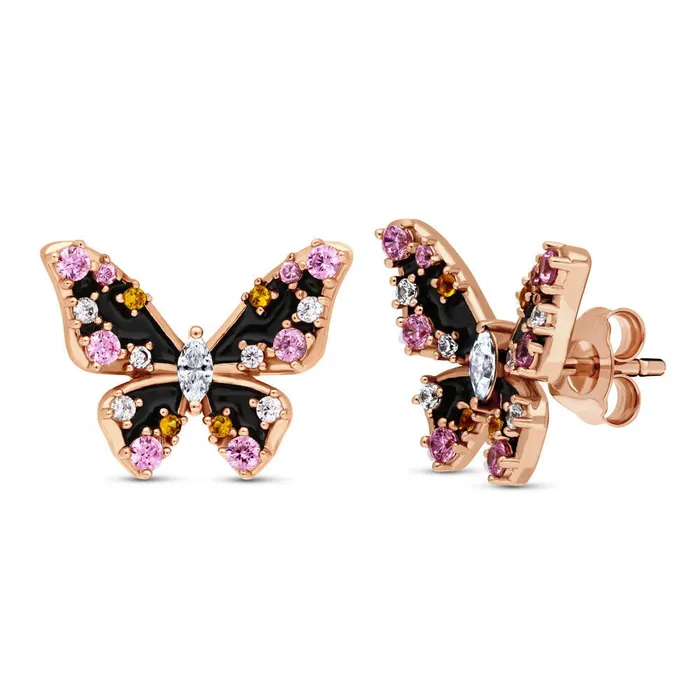 Earrings BERRICLE Butterfly Enamel CZ Set in Rose Gold Flashed Sterling Silver