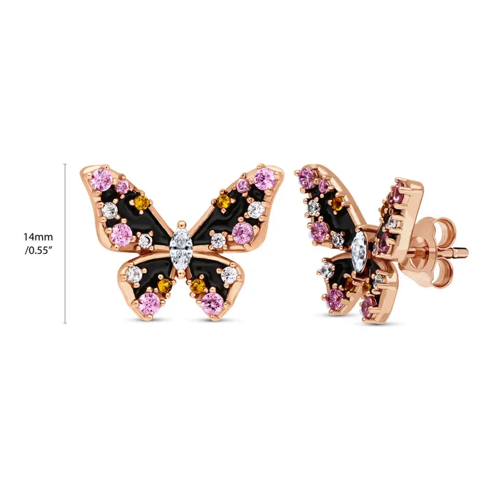 Earrings BERRICLE Butterfly Enamel CZ Set in Rose Gold Flashed Sterling Silver
