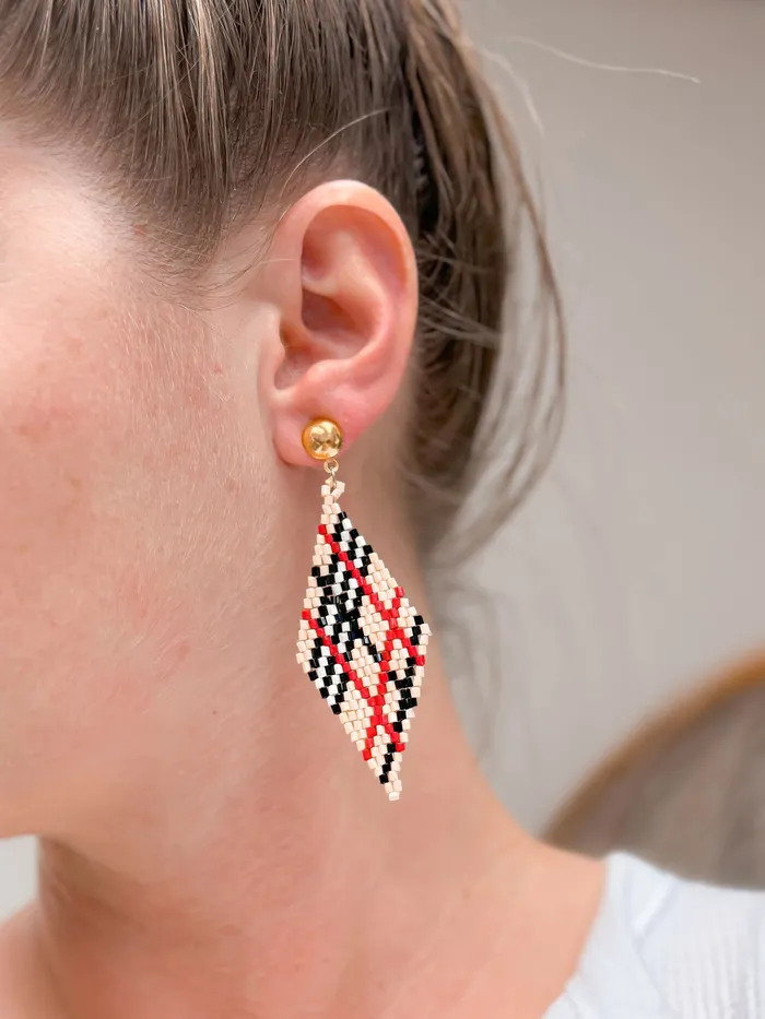 Earrings Prep Obsessed MOA Beige Plaid Fringe Beaded Dangle Earrings