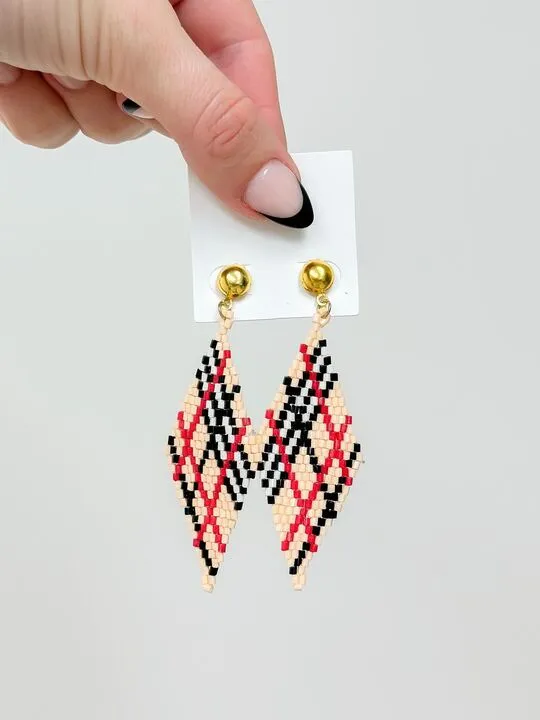 Earrings Prep Obsessed MOA Beige Plaid Fringe Beaded Dangle Earrings