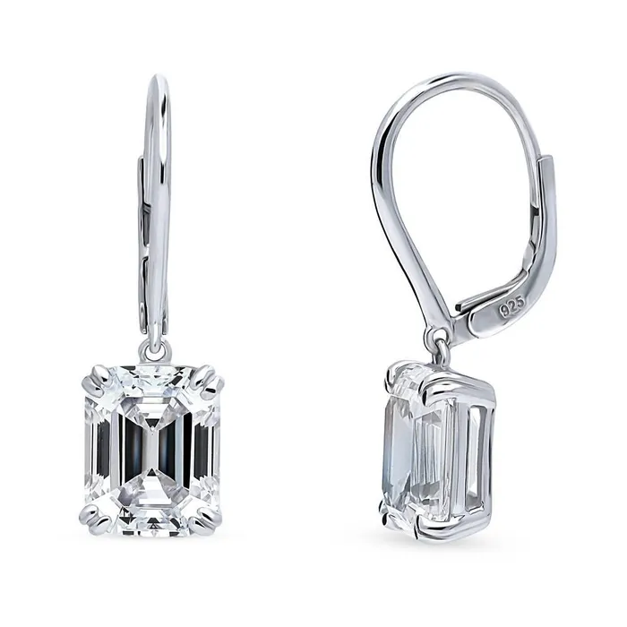 Earrings Solitaire Emerald Cut CZ Leverback Earrings in Sterling Silver BERRICLE