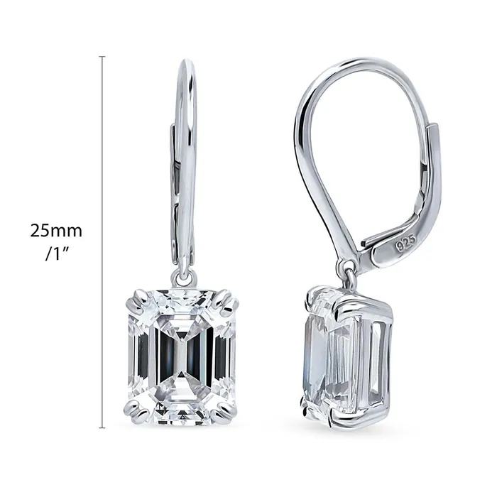 Earrings Solitaire Emerald Cut CZ Leverback Earrings in Sterling Silver BERRICLE