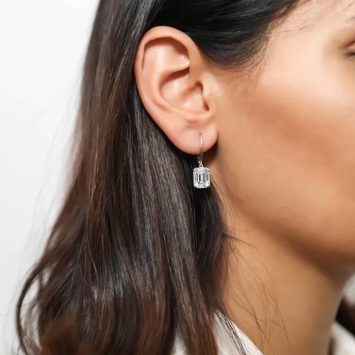 Earrings Solitaire Emerald Cut CZ Leverback Earrings in Sterling Silver BERRICLE