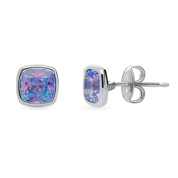 Earrings Solitaire Purple Aqua Bezel CZ Stud Earrings in Sterling Silver BERRICLE Earrings Solitaire Purple Aqua Bezel CZ Stud Earrings in Sterling Silver BERRICLE