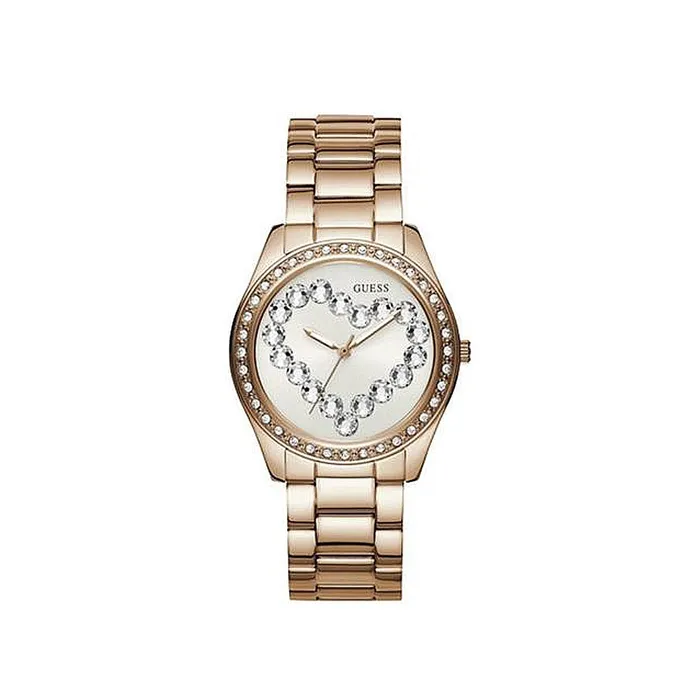 Guess Ladies Ip Rose Gold Watch With Sun White Dial Heart Shape Crystal Guess Necklaces