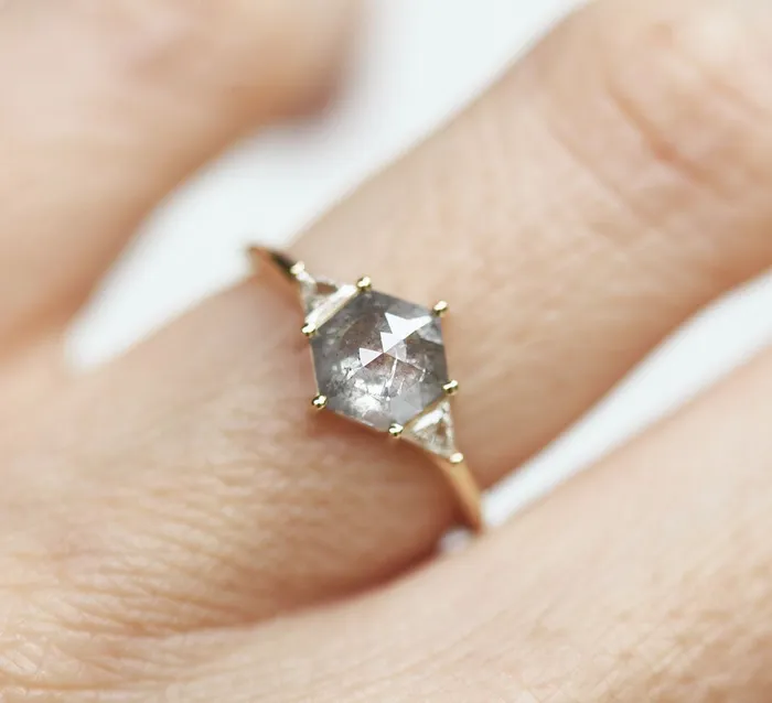 Hexagon Salt Pepper Ring With Side Triangle White Diamonds Capucinne Rings