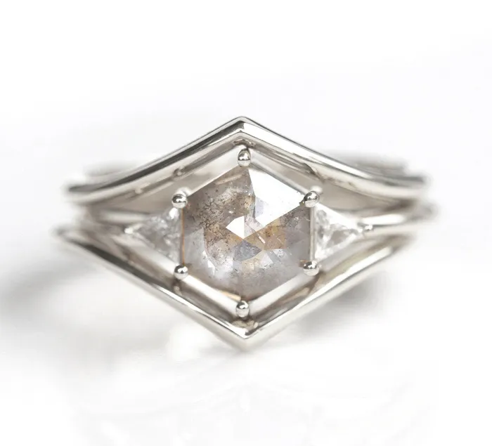 Hexagon Salt Pepper Ring With Side Triangle White Diamonds Capucinne Rings