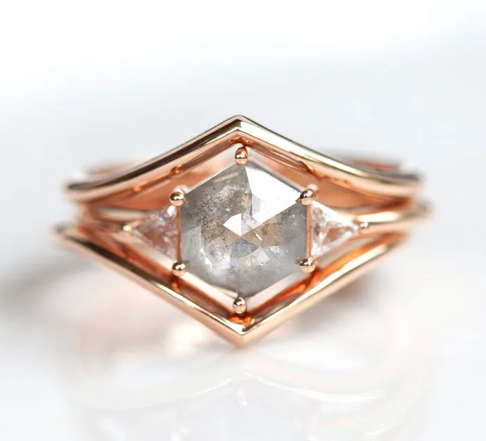 Hexagon Salt Pepper Ring With Side Triangle White Diamonds Capucinne Rings