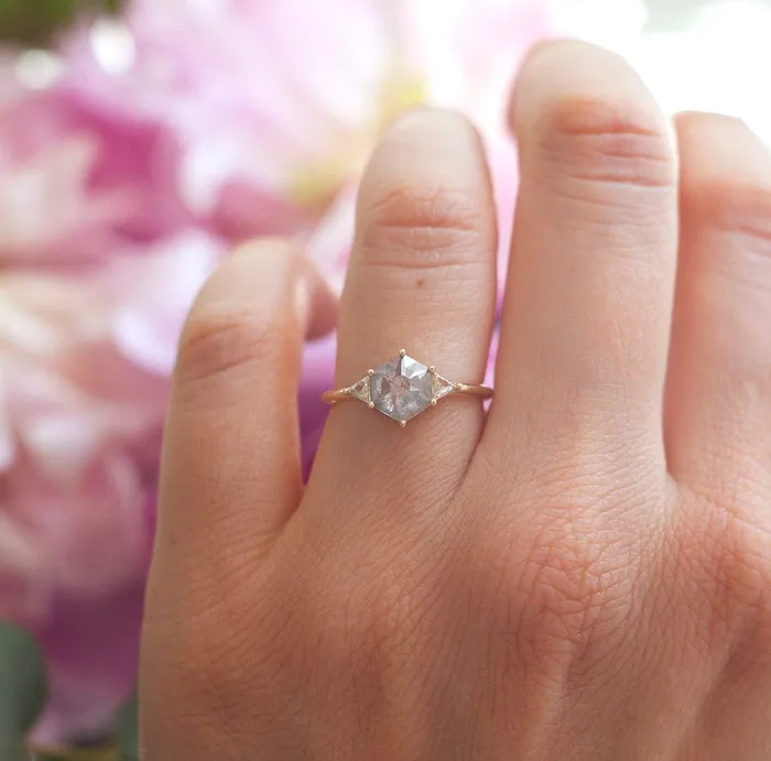 Hexagon Salt Pepper Ring With Side Triangle White Diamonds Capucinne Rings