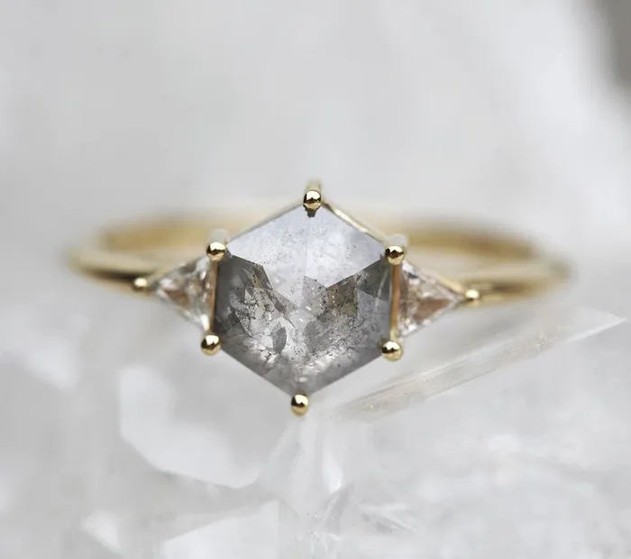 Hexagon Salt Pepper Ring With Side Triangle White Diamonds Capucinne Rings