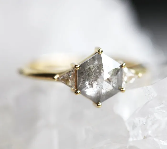 Hexagon Salt Pepper Ring With Side Triangle White Diamonds Capucinne Rings