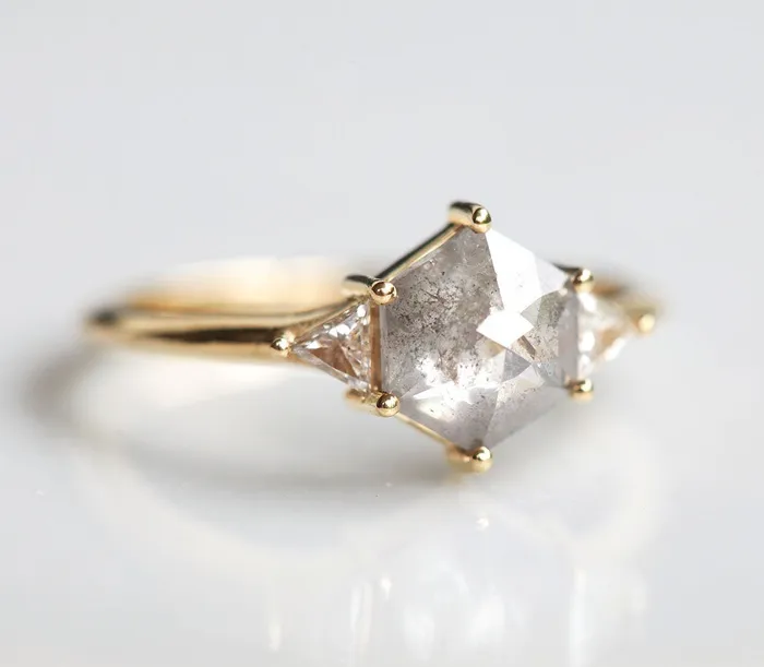 Hexagon Salt Pepper Ring With Side Triangle White Diamonds Capucinne Rings