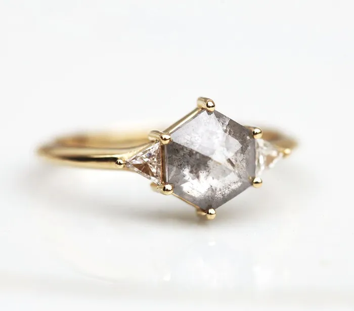 Hexagon Salt Pepper Ring With Side Triangle White Diamonds Capucinne Rings