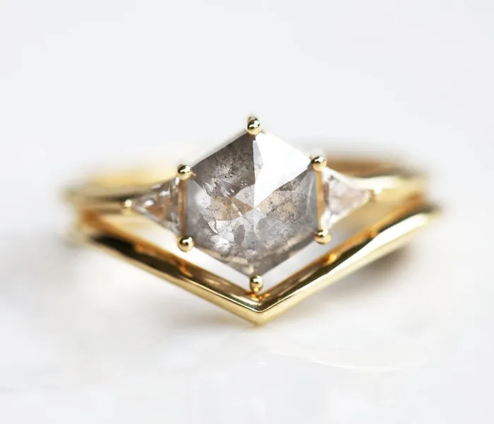 Hexagon Salt Pepper Ring With Side Triangle White Diamonds Capucinne Rings