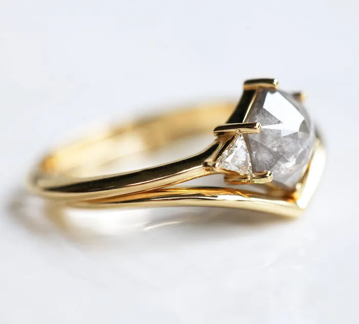 Hexagon Salt Pepper Ring With Side Triangle White Diamonds Capucinne Rings