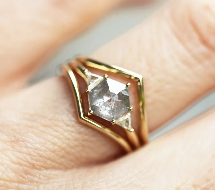 Hexagon Salt Pepper Ring With Side Triangle White Diamonds Capucinne Rings