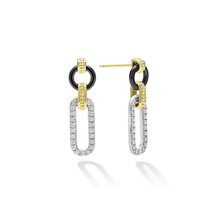 LAGOS Earrings Signature Caviar Small 18K Gold and Black Ceramic Diamond Link Drop Earrings
