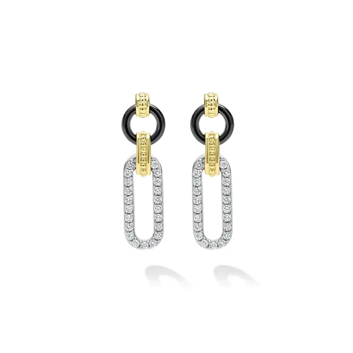 LAGOS Earrings Signature Caviar Small 18K Gold and Black Ceramic Diamond Link Drop Earrings