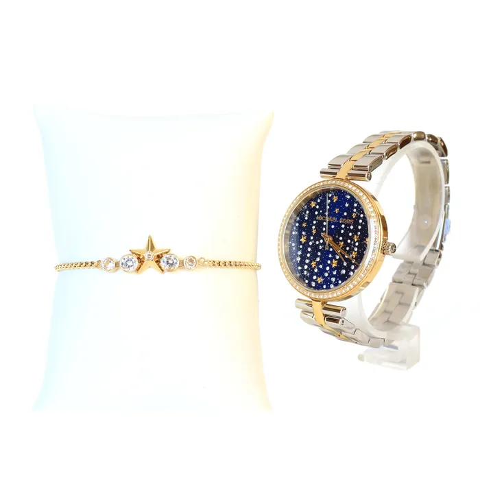 Michael Kors Mk1021 Womens Maci Crystal Bracelet Strap Watch And Star Chain Bracelet Set SilverGold Michael Kors Bracelets Michael Kors Mk1021 Womens Maci Crystal Bracelet Strap Watch And Star Chain Bracelet Set SilverGold Michael Kors Bracelets