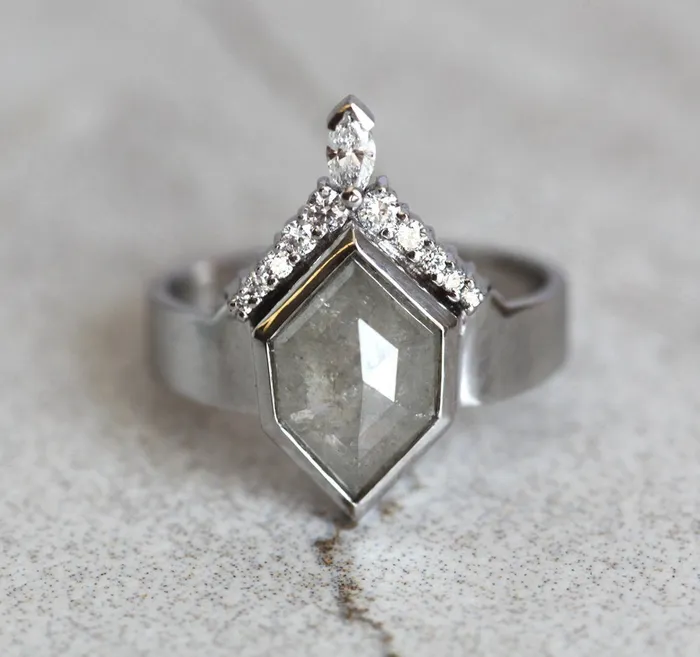 Modern Hexagon Diamond Ring with White Diamond Crown Ready to Ship Capucinne Rings