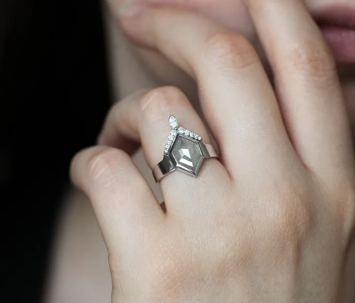 Modern Hexagon Diamond Ring with White Diamond Crown Ready to Ship Capucinne Rings