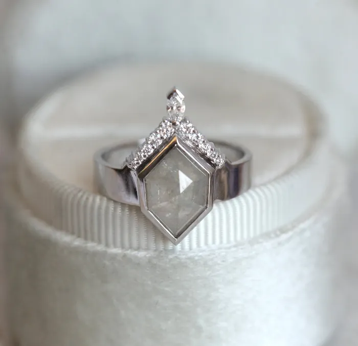 Modern Hexagon Diamond Ring with White Diamond Crown Ready to Ship Capucinne Rings