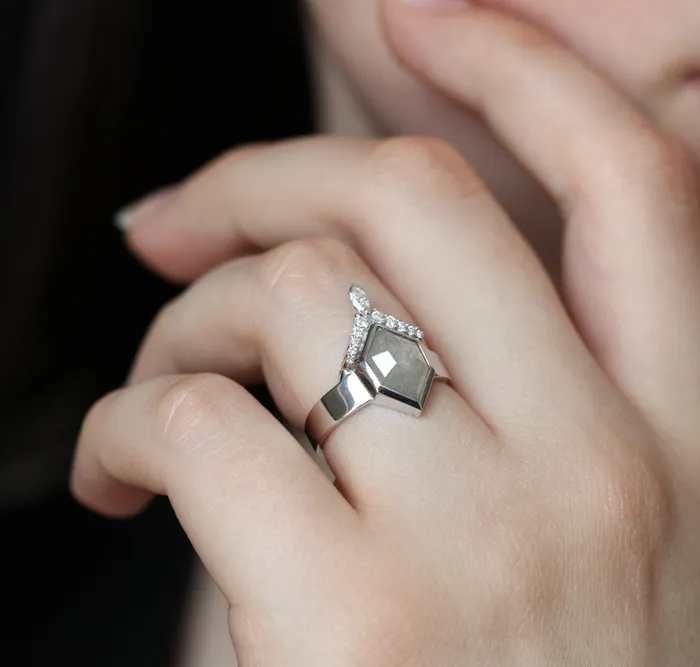 Modern Hexagon Diamond Ring with White Diamond Crown Ready to Ship Capucinne Rings