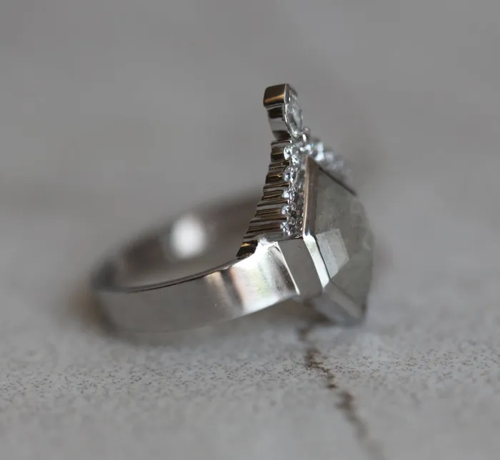 Modern Hexagon Diamond Ring with White Diamond Crown Ready to Ship Capucinne Rings