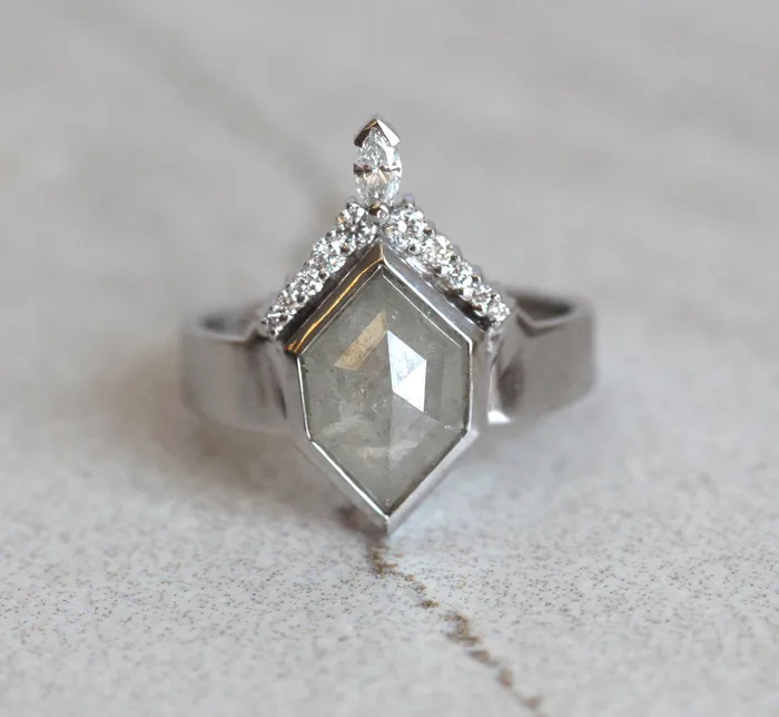 Modern Hexagon Diamond Ring with White Diamond Crown Ready to Ship Capucinne Rings