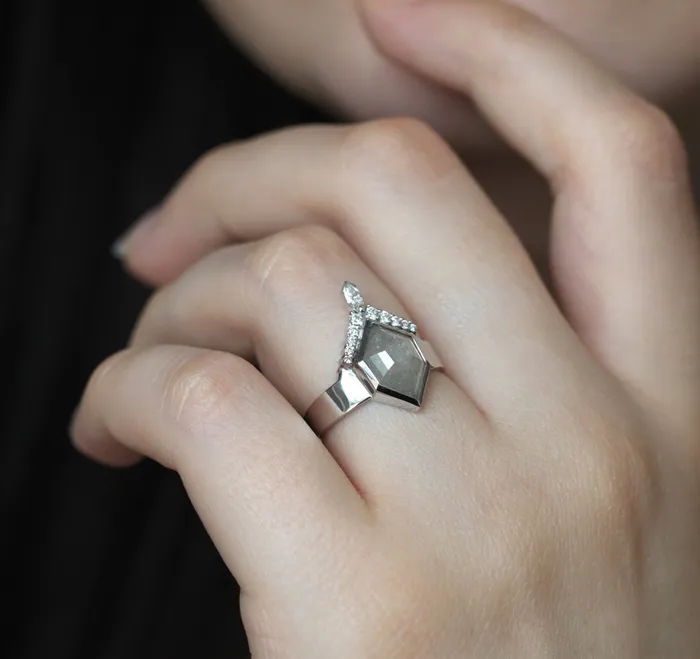 Modern Hexagon Diamond Ring with White Diamond Crown Ready to Ship Capucinne Rings