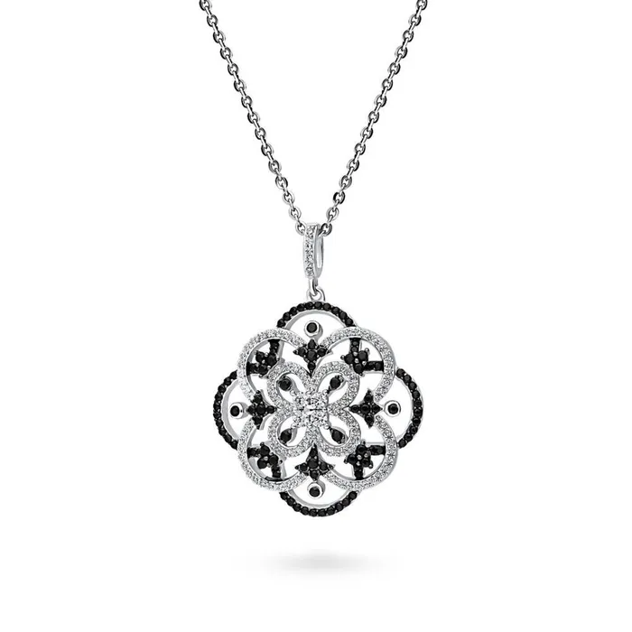 Necklaces BERRICLE Flower Black White CZ Necklace in Sterling Silver